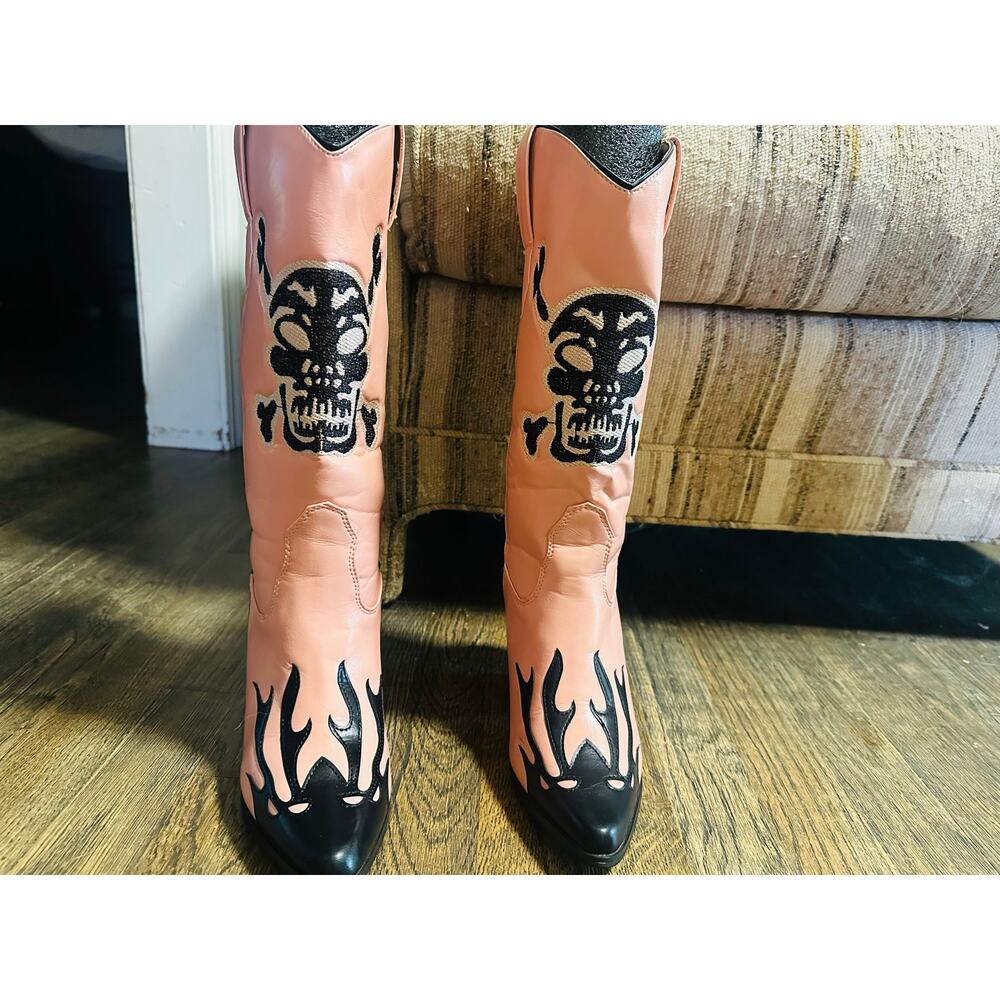 DOLLS KILL Pink Black Skull And Crossbones Flame Cowboy Boho Rough Rider Boots